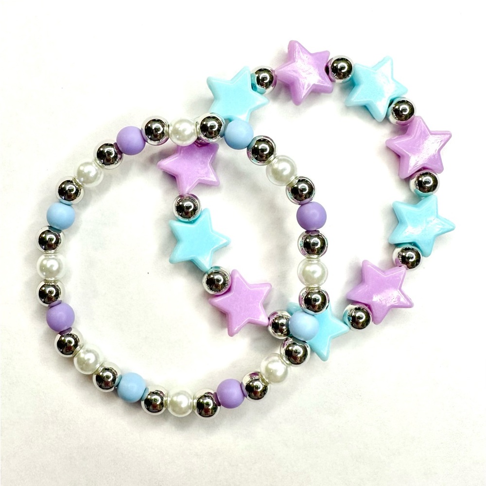 Bracelet Set Stackable Pastel Stars Beads Stretch Blue & Purple Kawaii Rave